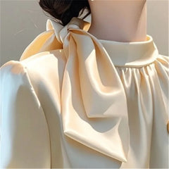 Limiguyue Autumn Winter French Champagne Satin Shirt High-end Bow Tie Blouse Women Half High Neck Letter Brooch Tops Luxury 587P