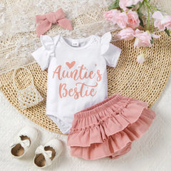 Baby Girl's Summer Sweet and Cute Lady's Daily Versatile Heart Letter Print Flying Sleeves Triangle Jumpsuit with Multi-Layered Ruffled Bud Briefs and Headscarf 3-Piece Set