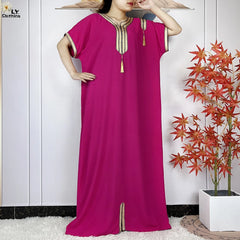 New Muslim Abayas Summer Short Sleeve African Dashiki Tassels Cotton Loose Caftan Lady Maxi Islam Casual Dresses With Headscarf