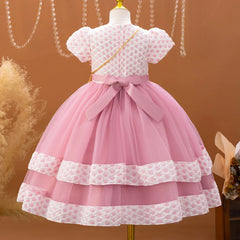 New Cute Girl Polka Dot Mesh Princess Dress Bubble Sleeves Beaded Sticker Wedding Flower Girl Birthday Party Dress with Bag