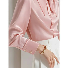 Spring Autumn Fashionable Satin Long Sleeve Blouse Ladies Fashion Buttons Solid Color Turn-down Collar Long Sleeve Shirts Tops