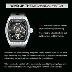 Men's Automatic Mechanical Watch with Stainless Steel Case Silicone Band Skeleton Dial Waterproof Sport Wristwatch