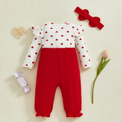 Newborn Baby Girls Valentine's Day Outfits Love Heart Pattern Crew Neck Long Sleeve Rompers with Bow Headband 2 Pcs Set