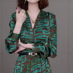 V-neck satin dress Women 2024 spring autumn new elegant loose dresses long sleeve Temperament print Luxury Party Vestidos female
