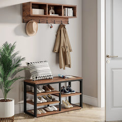 Tribesigns Coat Rack Shoe Bench Set, Hall Tree with Shoe Bench, Industrial Shoe Rack Bench with Coat Rack, 3 Storage Cubbies