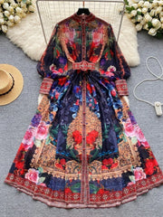 Chic Elegant Print Patchwork Long Sleeves Dress Women Single Breasted High Waist Vacation Party Dress Female French Autumn New