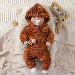 2Pcs Baby Boys Fall/Winter Long Sleeve 1-3Y fleece Solid Suit Warm Hoodie Cute Outdoor Wear  Set