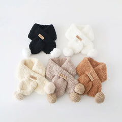 Cute Plush Baby Scarf Winter Thick Fleece Warm Scarves for Toddler Boy Girl Solid Color Cute Pompom Ball Kids Neckerchief