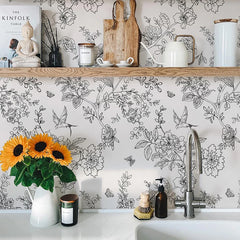 Black and white flower peeling wallpaper flower detachable self-adhesive contact wallpaper flower bird wall decoration wallpaper