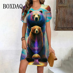 Vintage Fox Pattern Print Dresses Women Oversized Clothing Summer Female Short Sleeve Mini Dress Casual Funny Animals Fox Dress