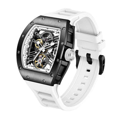Men‘s automatic mechanical watch black warrior hollow design waterproof rubber strap stainless steel case luminous