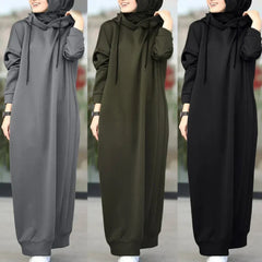 Women's Muslim Hoodie Solid Color Long Sleeve Casual Loose Dress Maxi Abaya Ghirba Dress Long Sweatshirt Vestidos Robe