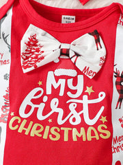 Baby Red Christmas Long Sleeved Jumpsuit, Hat, Long Pants Set