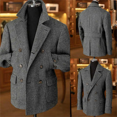 Men's Vintage Herringbone Tweed Blazer British Wool Blend Double Breasted Lightweight Casual Sport Coat Formal Jacket