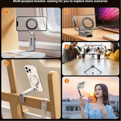 Mini Tripod Foldable Magnetic Phone Holder, Portable Travel Stand Tripod for IPhone & Android, Suitable for Desk/Plane/Train