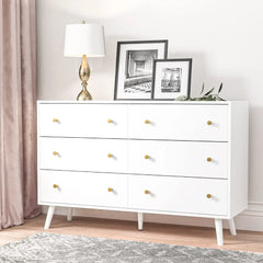 White Dresser for Bedroom, Modern 6 Drawer Dresser, Wide Chest of Drawers with Gold Handles, Hallway