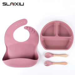 4PCS Silicone Children Tableware Baby Feeding Set Silicone Dinner Plate Wood Handle Spoon Fork Silicone Bibs BPA Free