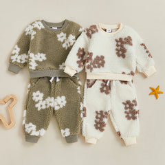 Infant Baby Girls 2 Piece Flannel Clothes Fall Winter Floral Fuzzy Long Sleeve Sweatshirt and Elastic Pants Outfits Set