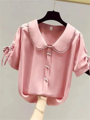 Woman Summer Style Chiffon Blouses Tops Lady Casual Peter Pan Collar Short Lantern Sleeve Blusas Tops ZZ1483
