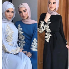 Middle East Dubai Saudi Lace Bead Loose Long Dress Women's Arabic Robe