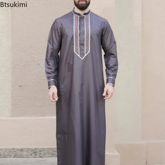 2025 Muslim Fashion Abayas for Men Solid Color Embroidery Long Robe Men Jubba Thobe Saudi Arab Musulman Shirts Islamic Clothing