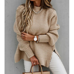 2024 Winter New Fashionable and Casual Women's Half High Collar Solid Color Bundle Hand Side Split Knitted Sweater