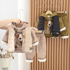 Boys and Girls Thickened Suit Winter Children's Velvet Vest Hoodies Pants Three-piece Set Hooded Clothes Winter Fashion
