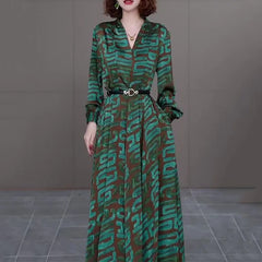 V-neck satin dress Women 2024 spring autumn new elegant loose dresses long sleeve Temperament print Luxury Party Vestidos female