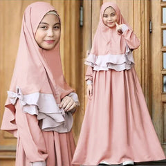 2Pcs Ramadan Muslim Kids Hijab Dress Abaya Set Islam Eid Prayer Arab Girls Khimar Headscarf Niqab Robe Clothing Middle East 2-8Y