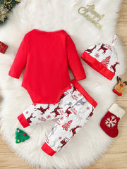 Baby Red Christmas Long Sleeved Jumpsuit, Hat, Long Pants Set