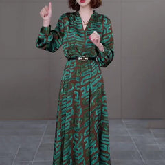 V-neck satin dress Women 2024 spring autumn new elegant loose dresses long sleeve Temperament print Luxury Party Vestidos female