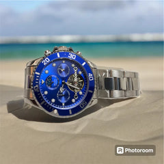 MABZ Mens Automatic Mechanical Watch Stainless Steel Waterproof Blue Dail Watch