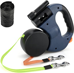 Double Retractable Dog Lead, Reinforced Extendable with Non-Slip Handle Dog Lead with LED Light and Rubbish Box for Walking 2 Dogs, 360° Tangle-Free Strong Nylon Band, One-Hand Brake (Blue)